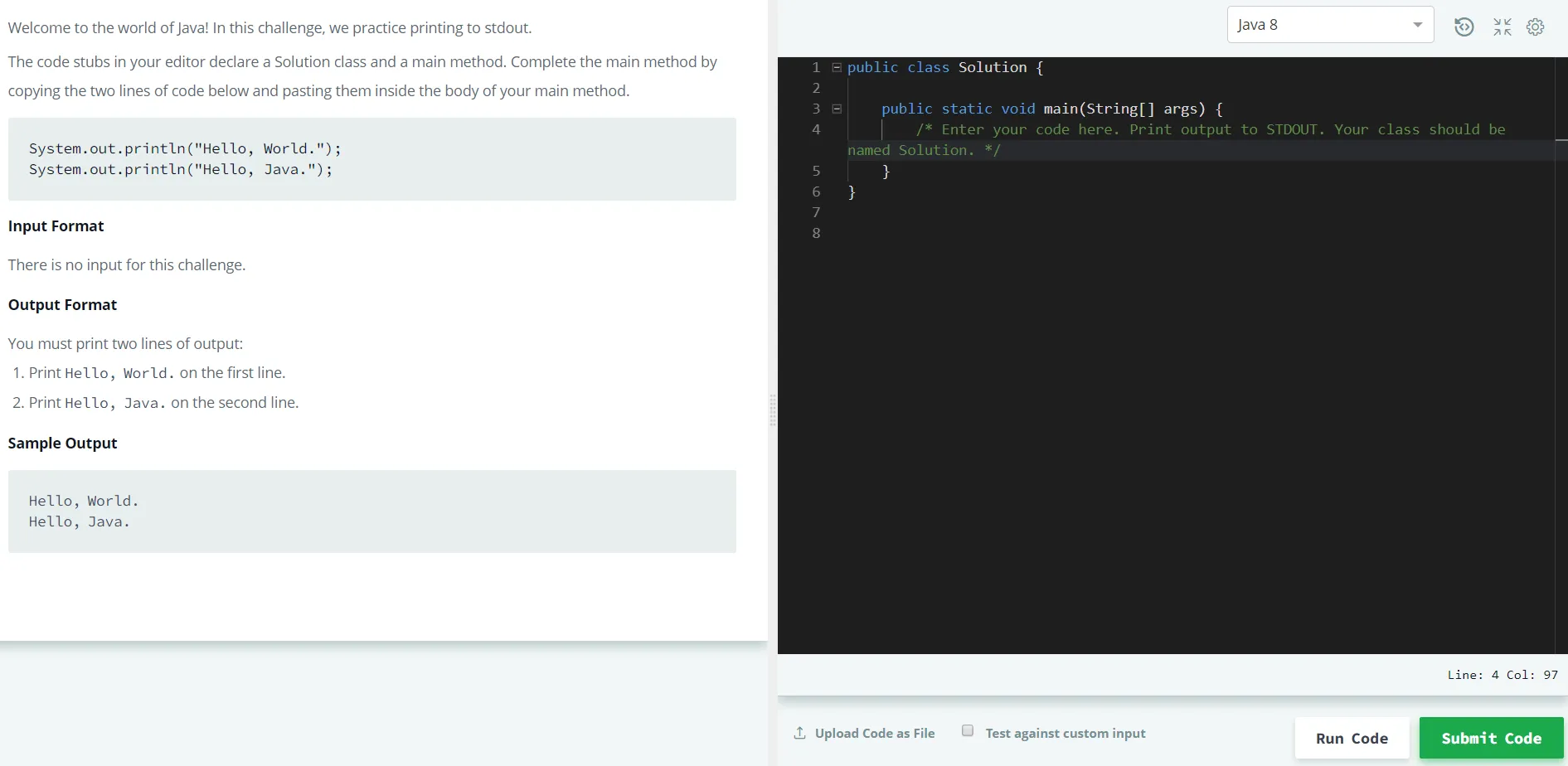 HackerRank "Hello World" challenge in Java