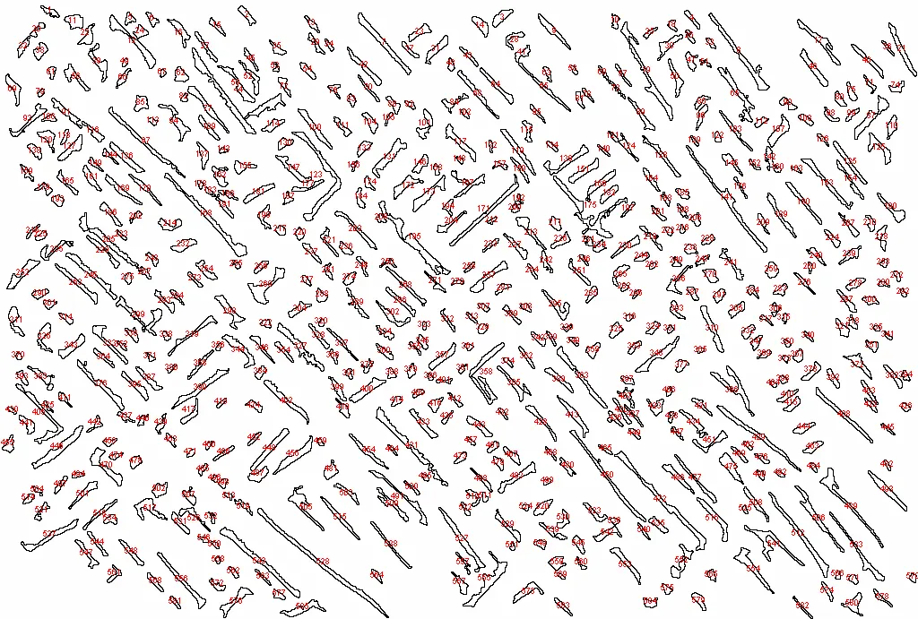 Micrograph with outlined and numbered particles (example)