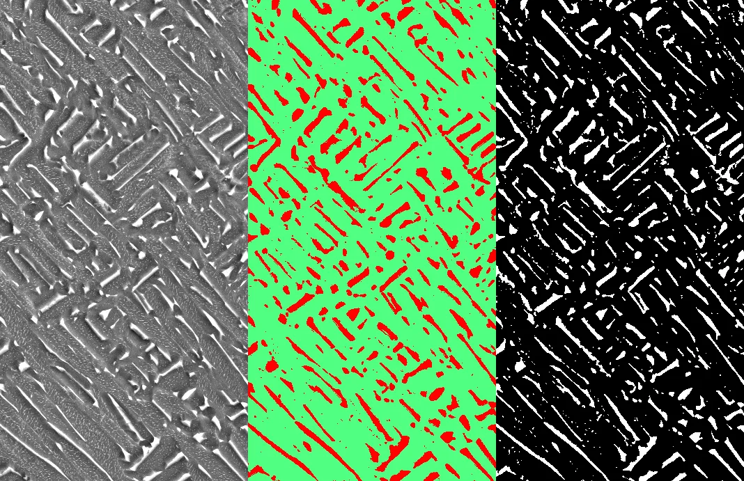The original area (left) segmented with Trainable Weka Segmentation (center) and Automatic Thresholding (right)