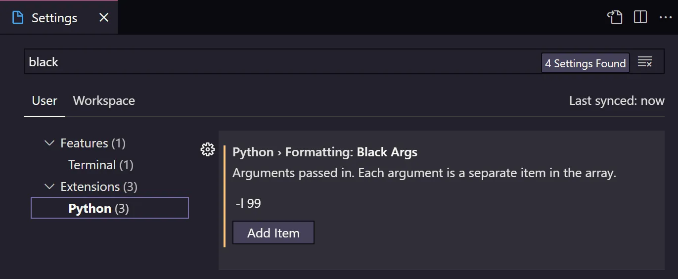 Black settings in VS Code